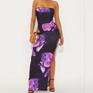 Strapless Black Maxi Dress with Purple Floral Print. NWT . Size S and XL